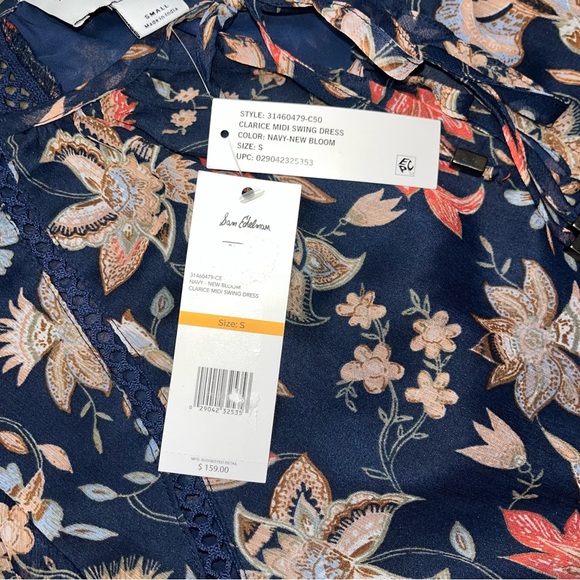Sam Edelman Navy Blue Floral Swing Dress Long Sleeve Ruffle NWT Small Tan Peach - Picture 5 of 9